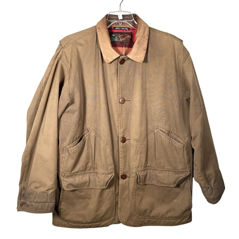 Life's Adventures Chore Jacket Men Medium Brown Cotton Plaid Lined Field Coat